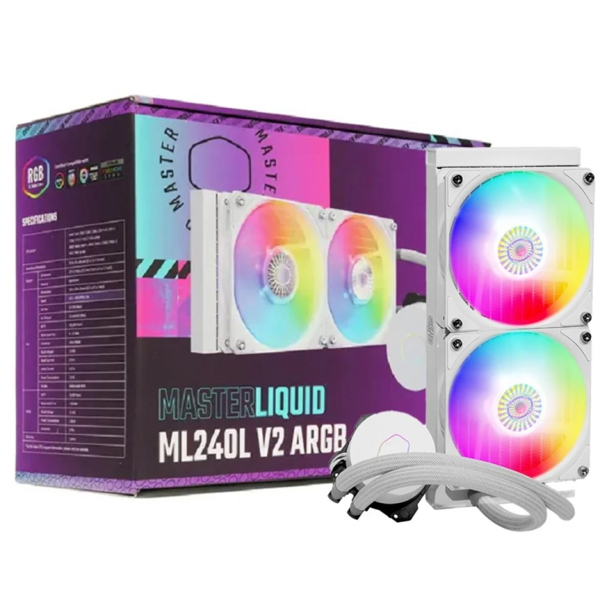 product-name:CoolerMaster MasterLiquid ML240L RGB V2 AIO Liquid Cooler Dual Chamber Pump 240mm Radiato 120 PWM ARGB - White,supplier-name:Mania Computer Store