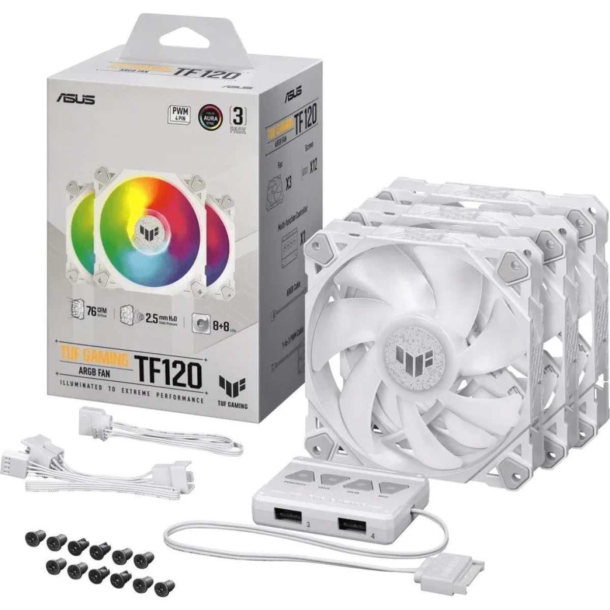 product-name:ASUS TUF Gaming TF120 ARGB Triple Fan Kit w/ Controller 3Pin LEDs Blade 120mm PWM Control For Computer Case & Liquid Radiator -White,supplier-name:Mania Computer Store