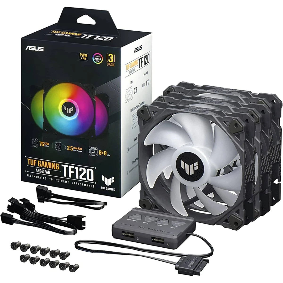 product-name:ASUS TUF Gaming TF120 ARGB Triple Fan Kit w/ Controller 3Pin LEDs Blade 120mm PWM Control For Computer Case & Liquid Radiator,supplier-name:Mania Computer Store